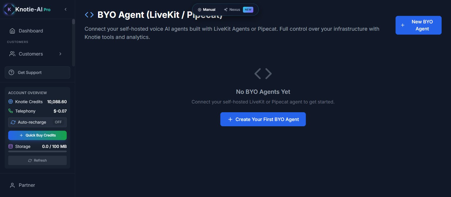 Knotie AI Pro Partner Portal — BYO Agent (LiveKit / OpenAI) page empty state with "Create Your First BYO Agent" button
