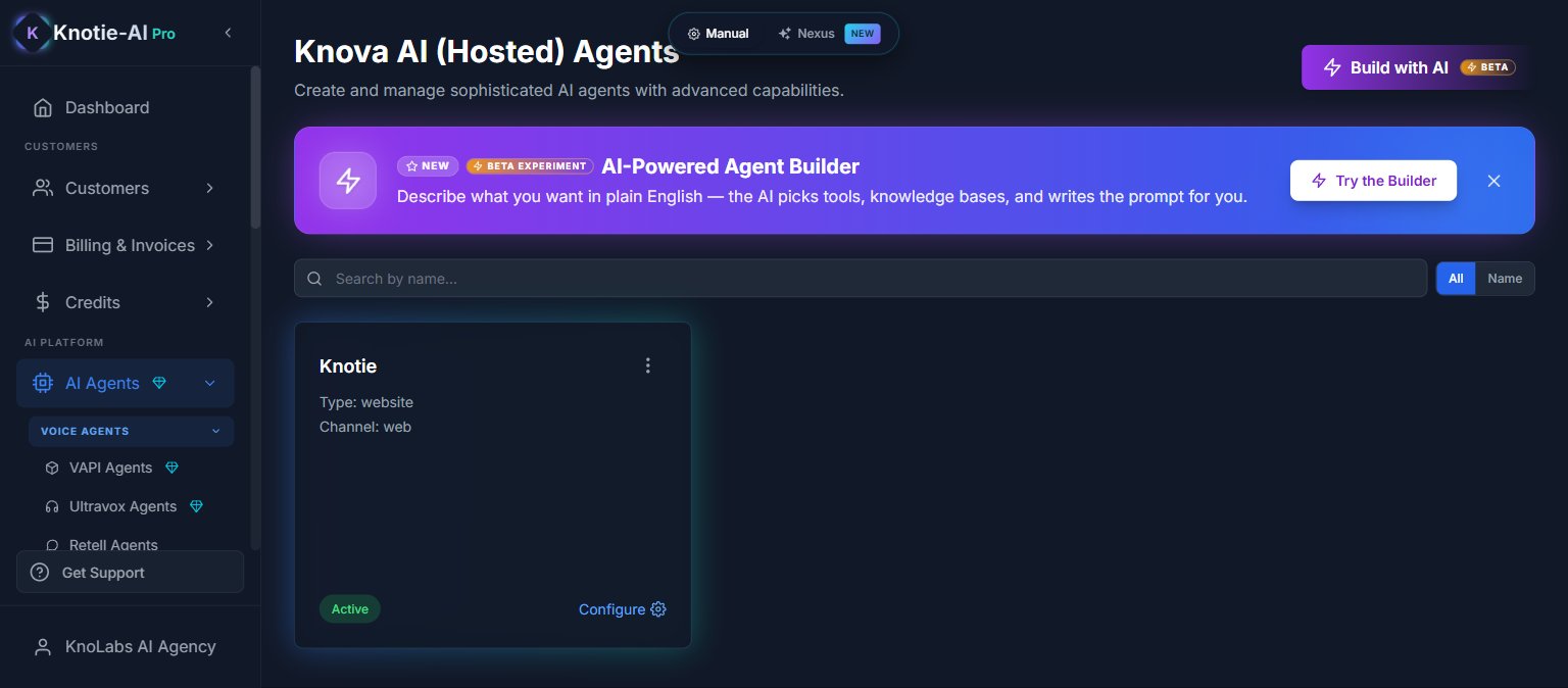 Knova AI (Hosted) Agents page with Build with AI CTA