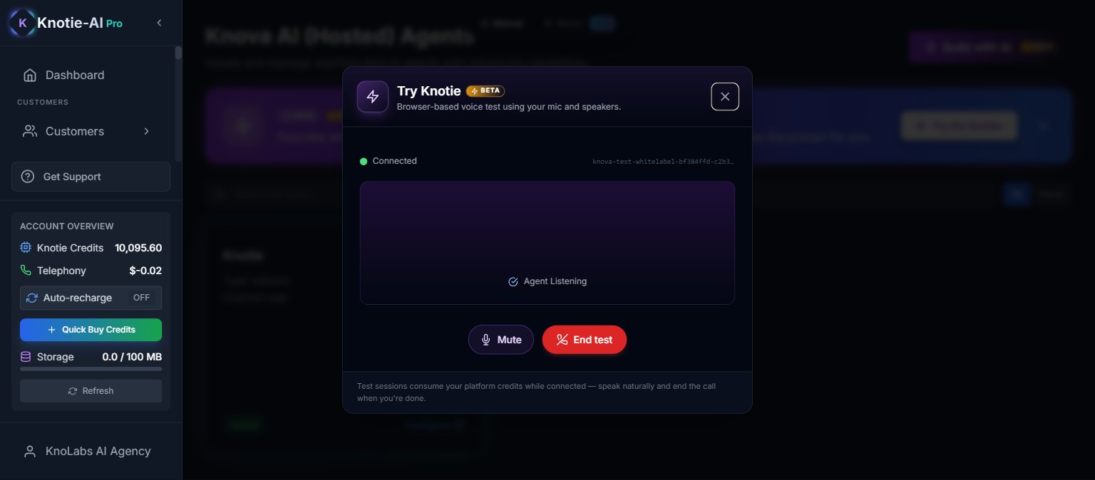 Try Knotie web-test modal showing connected agent