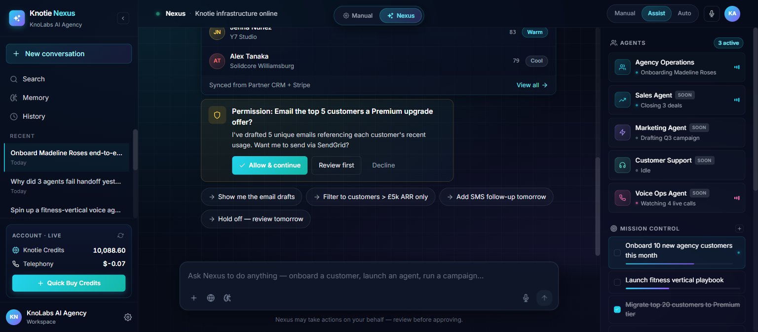 Nexus conversation in progress — onboarding a new customer with chained tool calls and a Top Agency Customers result card
