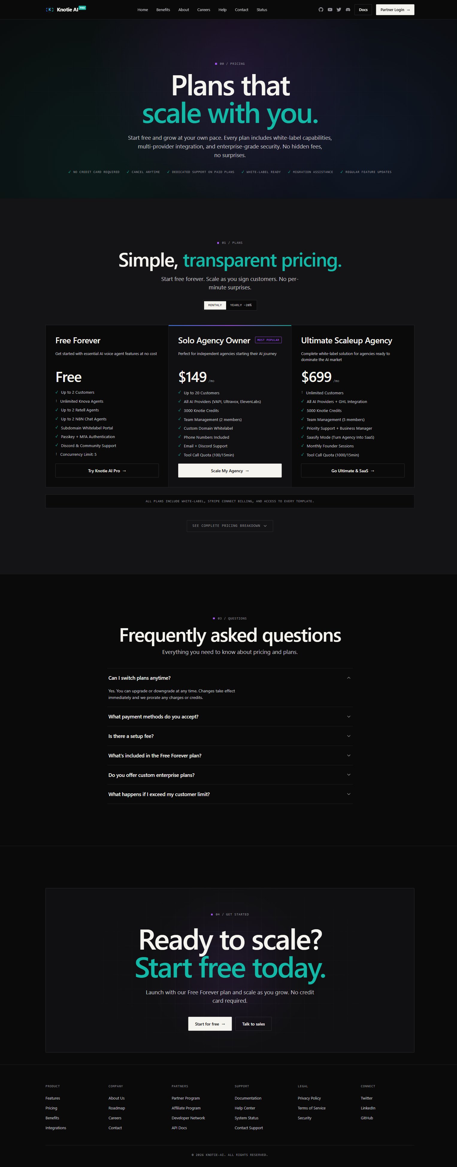 Knotie AI Pro pricing page showing Free Forever tier with $0 pricing