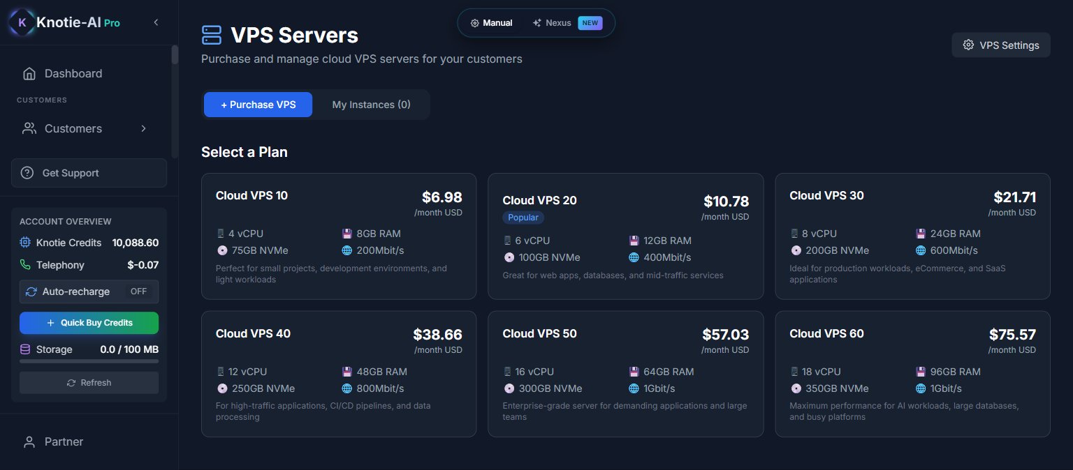 Knotie AI Pro Partner Portal VPS management page