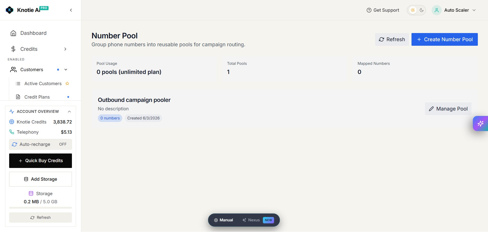 Number Pool overview with usage details and pool actions