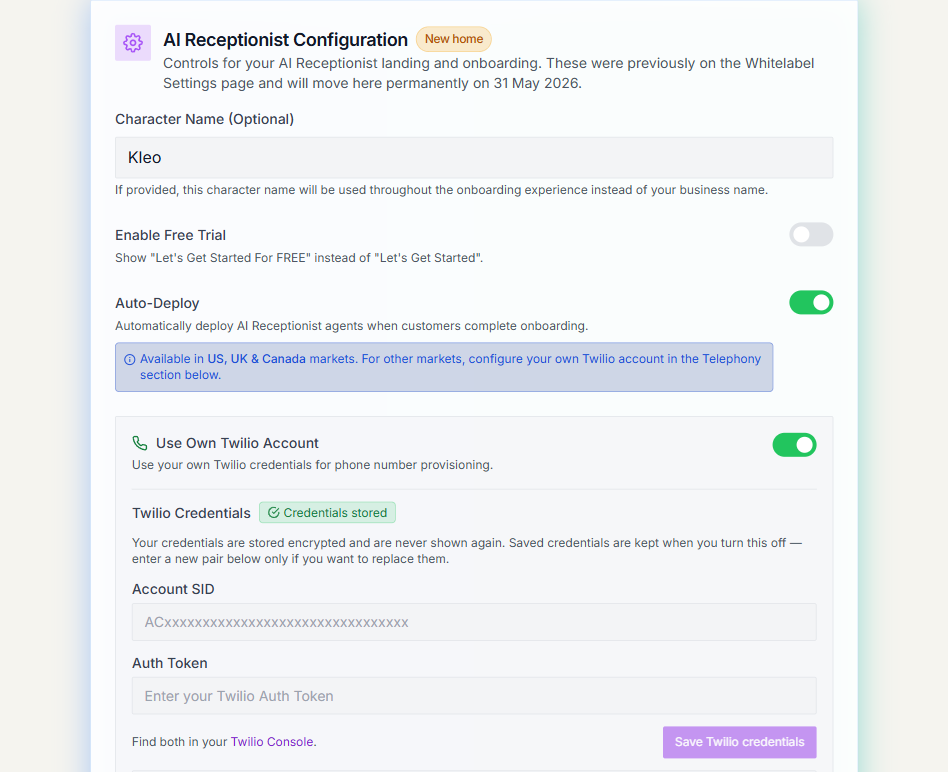 AI Receptionist configuration with free-trial, automatic setup, and Twilio account controls
