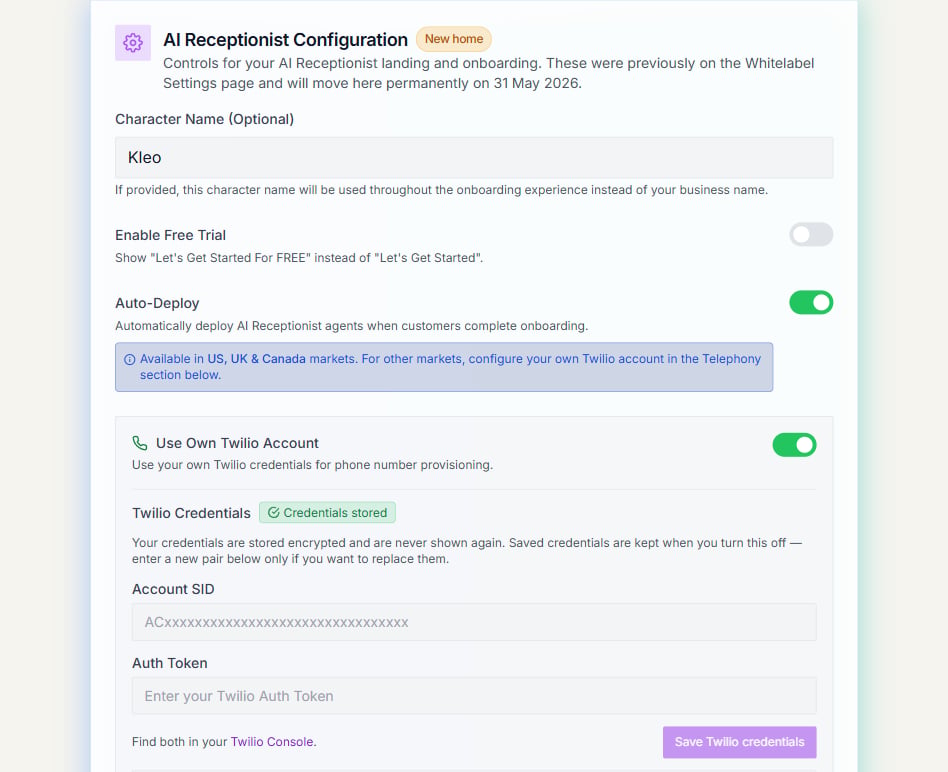 AI Receptionist configuration with free-trial, automatic setup, and Twilio account controls