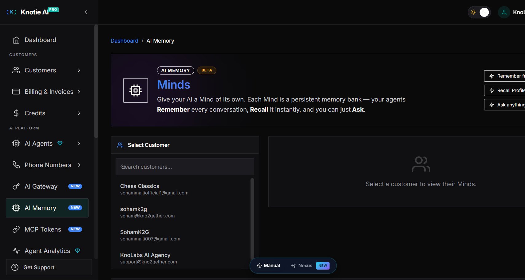 Partner Portal AI Memory console at /partner/memory — an 'AI MEMORY · BETA' header titled 'Minds' with the tagline 'Give your AI a Mind of its own…', a Select Customer panel with a searchable customer list, and a 'Select a customer to view their Minds' empty state. AI Memory (NEW) is highlighted in the AI PLATFORM sidebar group.