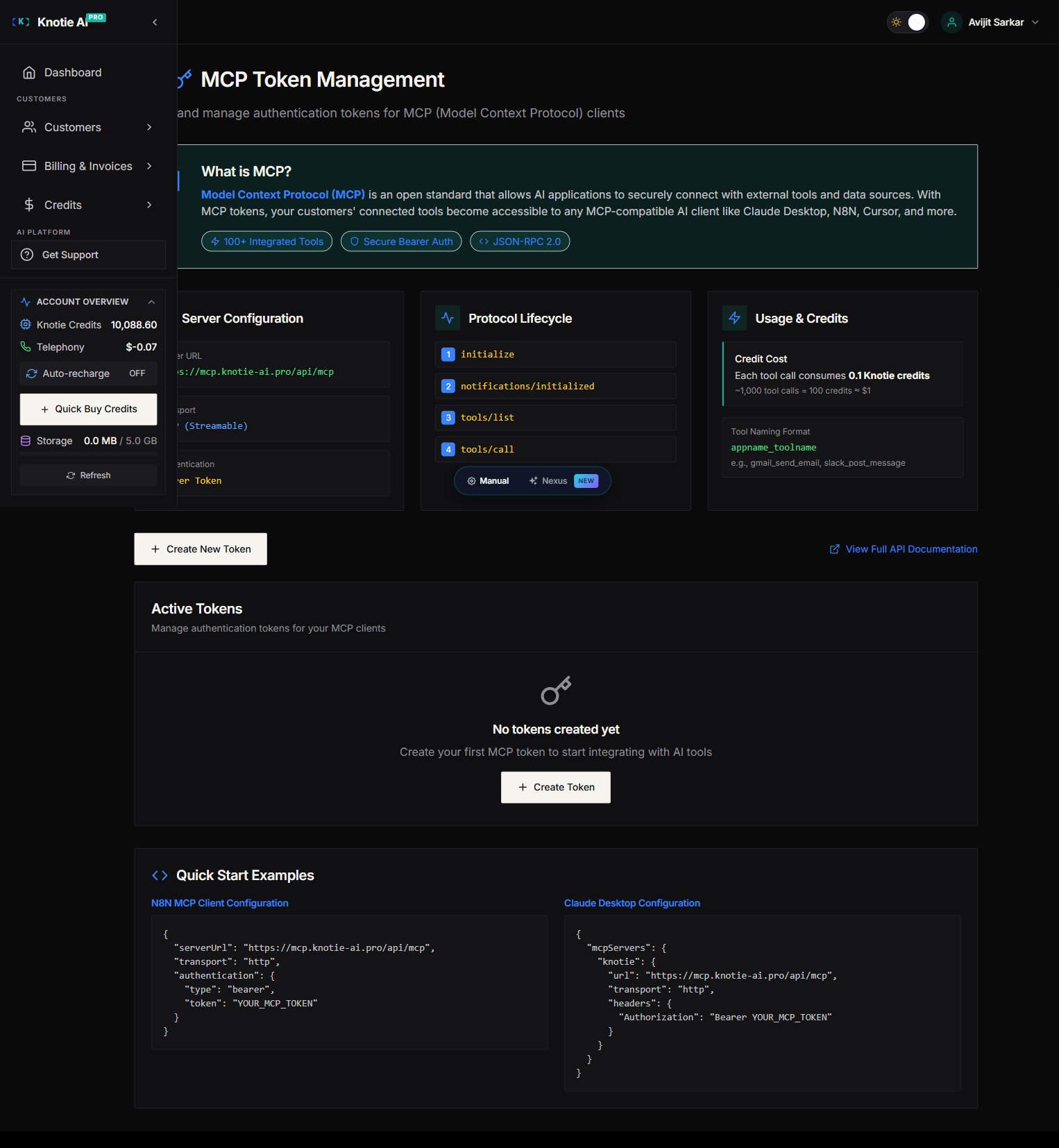 Partner Portal — MCP Tokens management page showing the token list, copy and revoke actions, and controls for creating a token