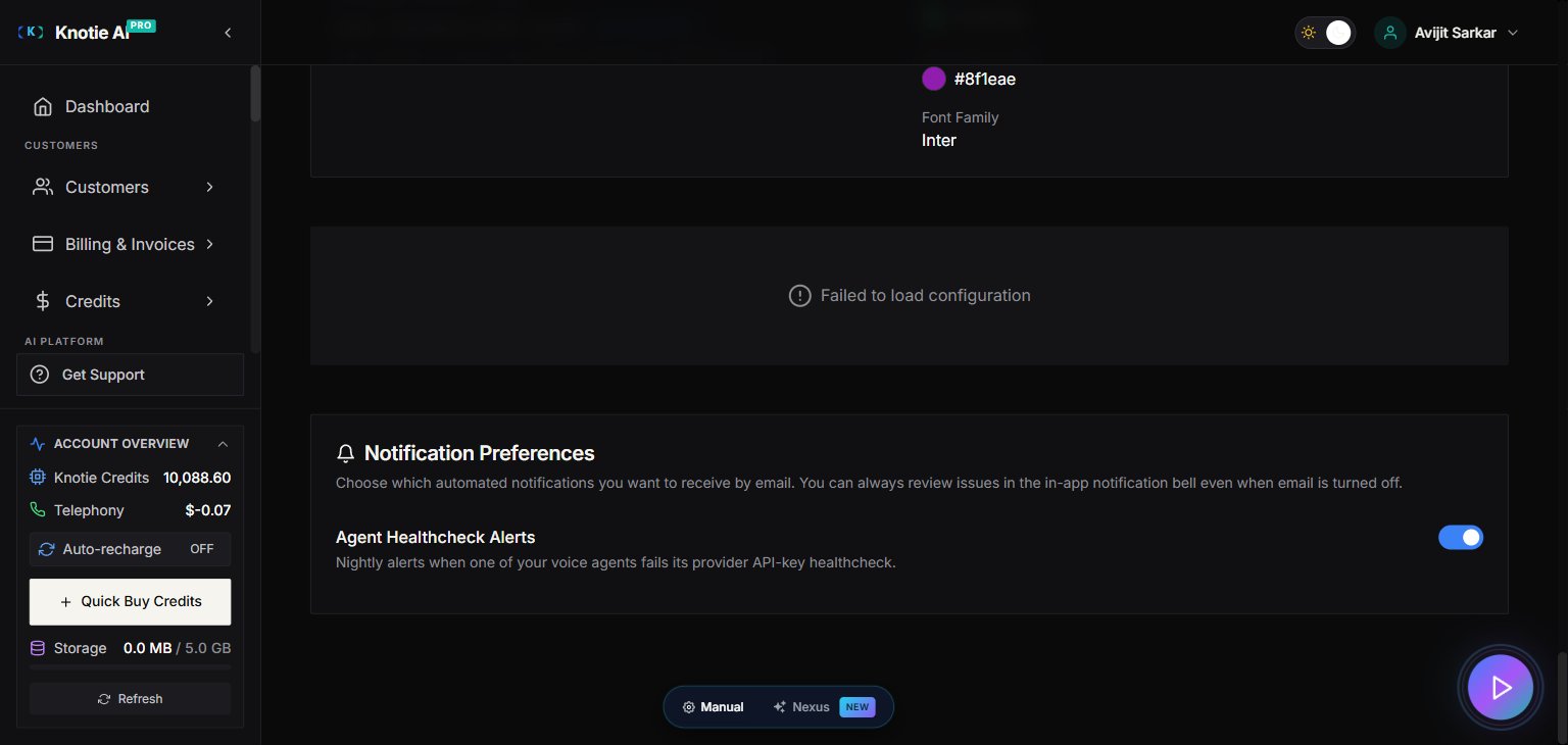 Partner Portal — Settings page Notification Preferences card showing the Agent Healthcheck Alerts toggle in its default ON position (Nightly alerts when one of your voice agents fails its provider API-key healthcheck)