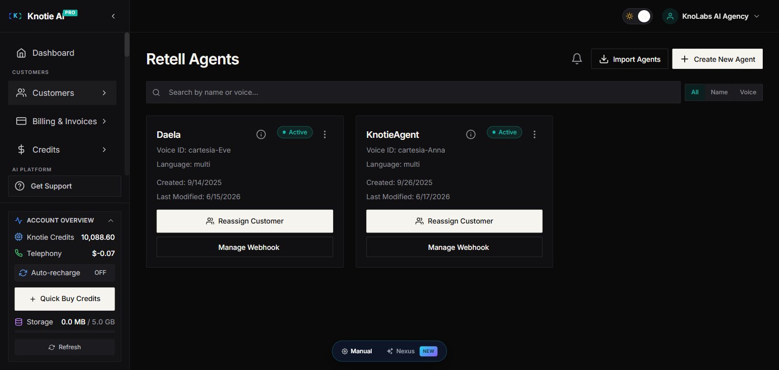 Partner Portal — Retell Agents management page showing agent cards with Active status, voice, language, and Reassign Customer / Manage Webhook actions