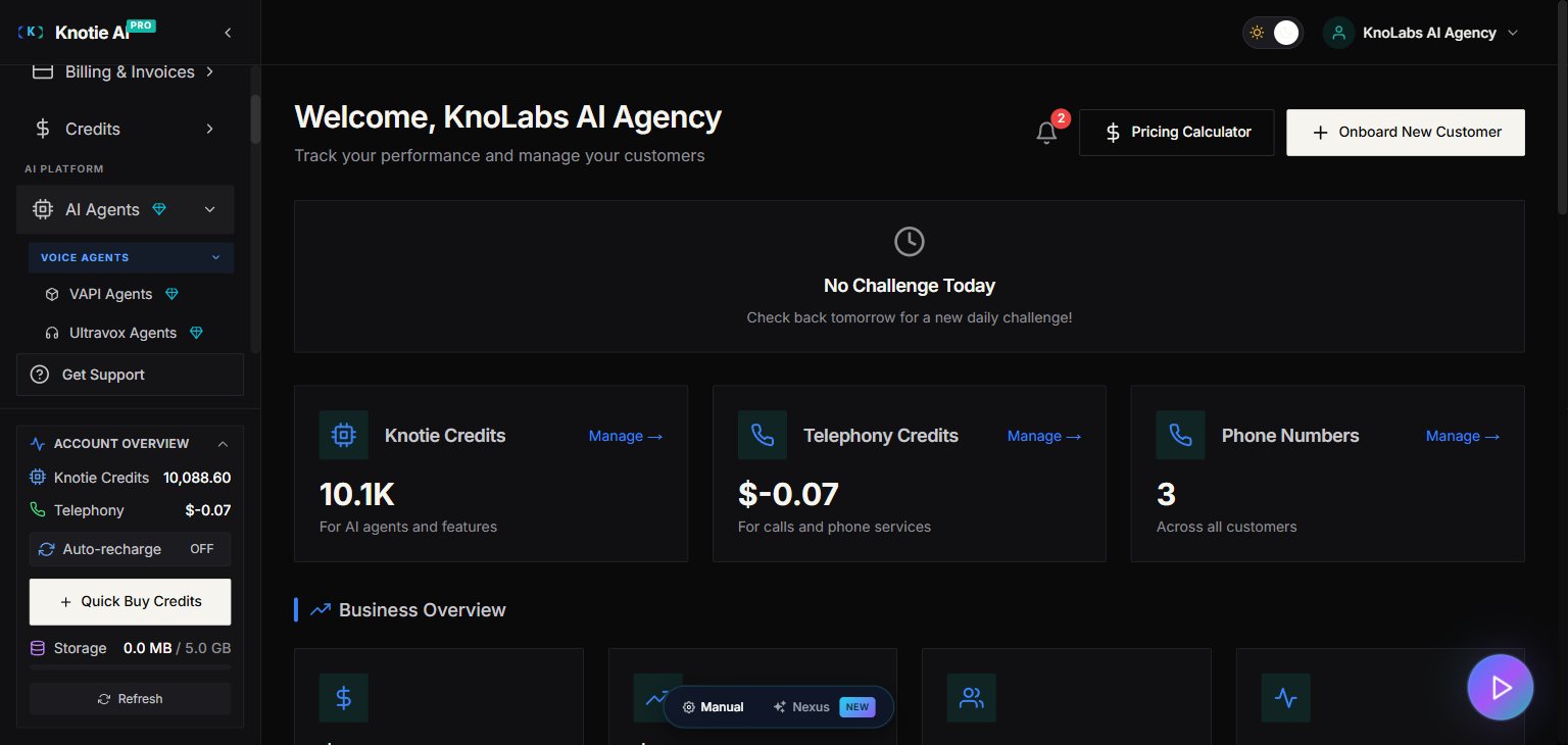 Partner Portal sidebar — AI Agents panel expanded showing Voice Agents (VAPI, Ultravox, Retell, ElevenLabs, GHL, Knova), Chat Agents (Retell Chat, N8N Chat Agents), and Automation & Tokens sub-groups
