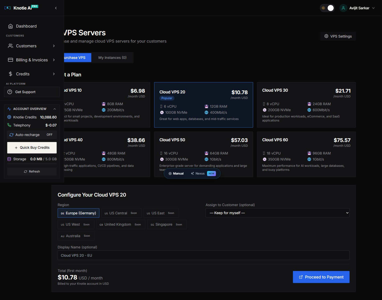 Partner Portal — VPS purchase view: plan selection cards (Cloud VPS 10–60 with vCPU, RAM, NVMe, network specs and monthly pricing) followed by a region picker (EU/US regions marked "Coming soon — pricing for this region is being finalised") and a "Proceed to Payment" button.