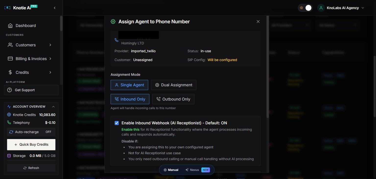 Assign Agent modal — agent selector scoped to the assigned customer, with a Direction toggle (Inbound Only / Outbound Only) that must be set to Outbound Only for this flow