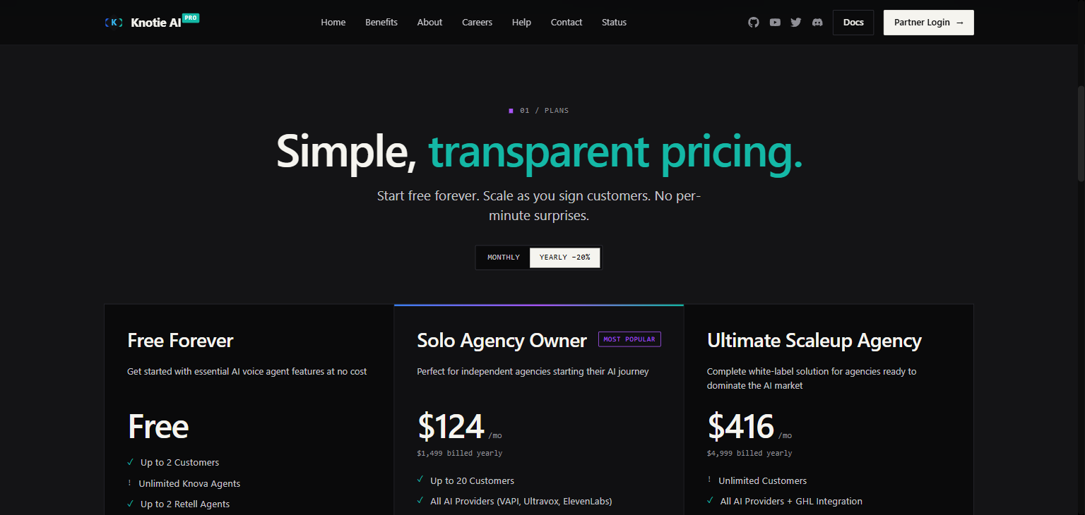 Knotie AI Pro pricing page — billing toggle in the yearly position showing −20% discount
