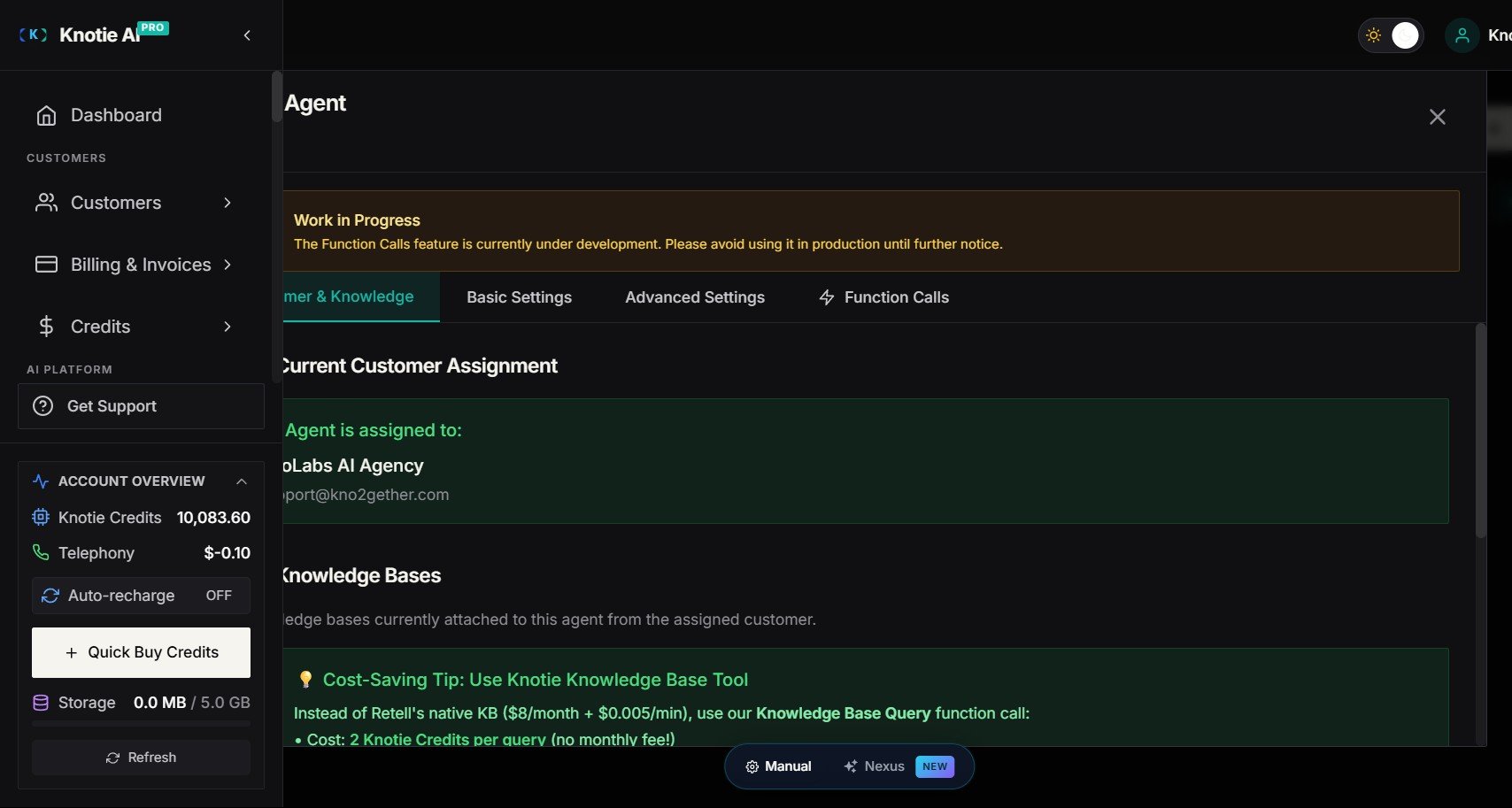 Retell agent edit modal — Customer & Knowledge tab showing Current Customer Assignment and Knowledge Bases section