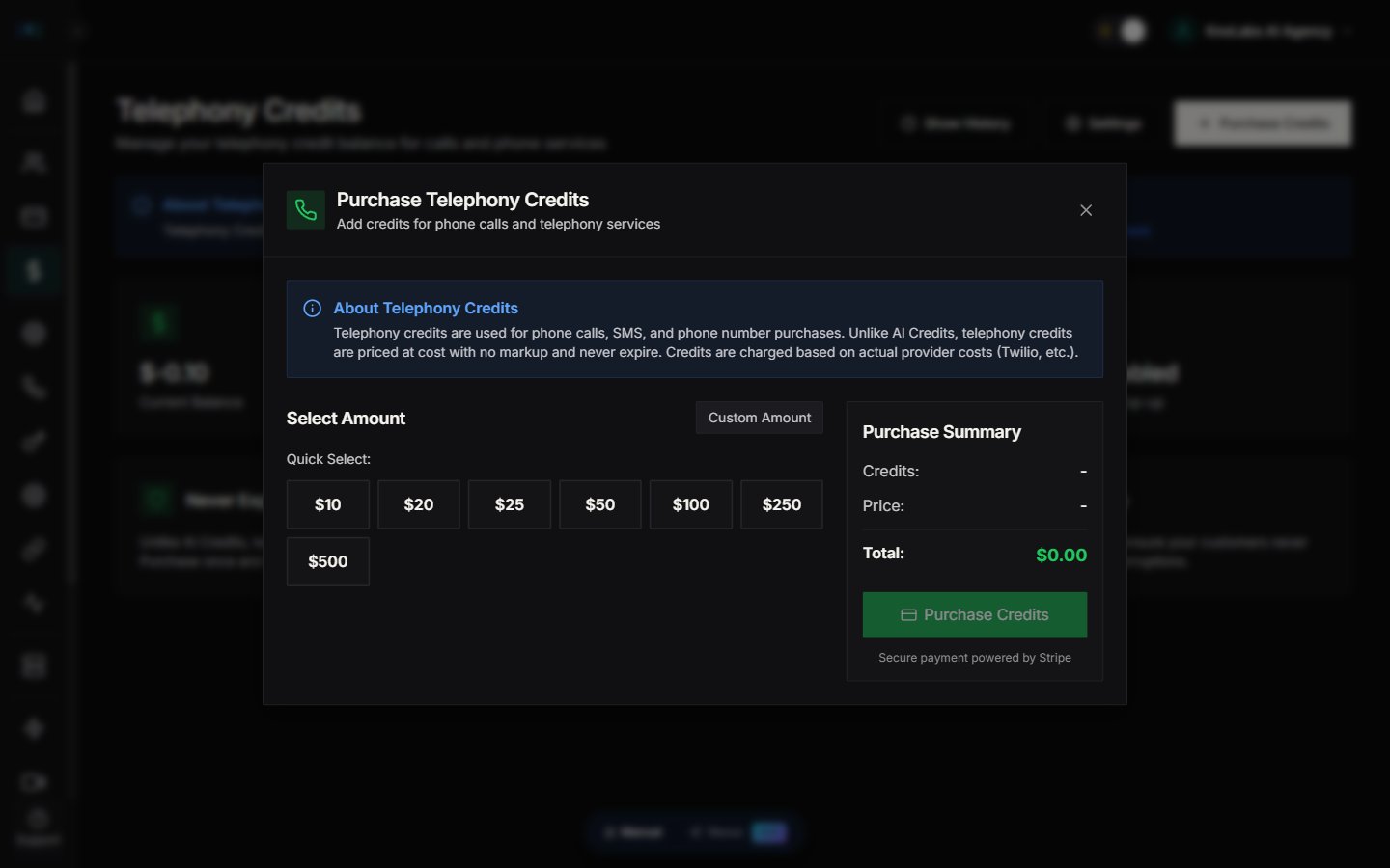 Telephony credit purchase modal