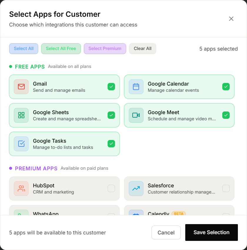 Customer app selector showing Free and Premium groups, selection controls, and status labels