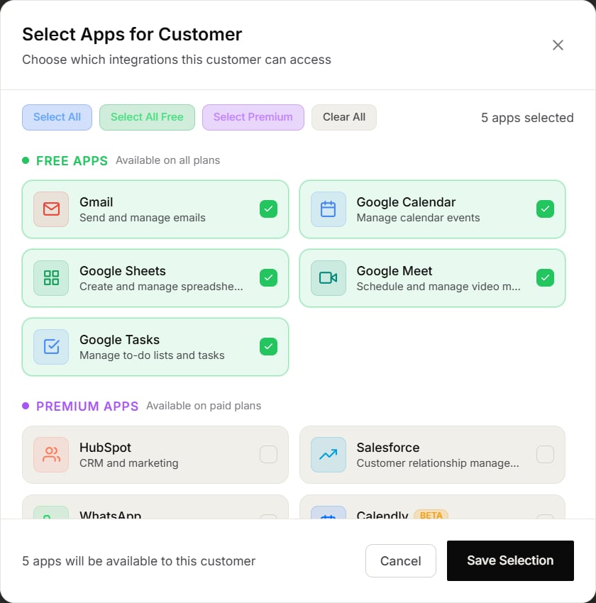 Customer app selector showing Free and Premium groups, selection controls, and status labels