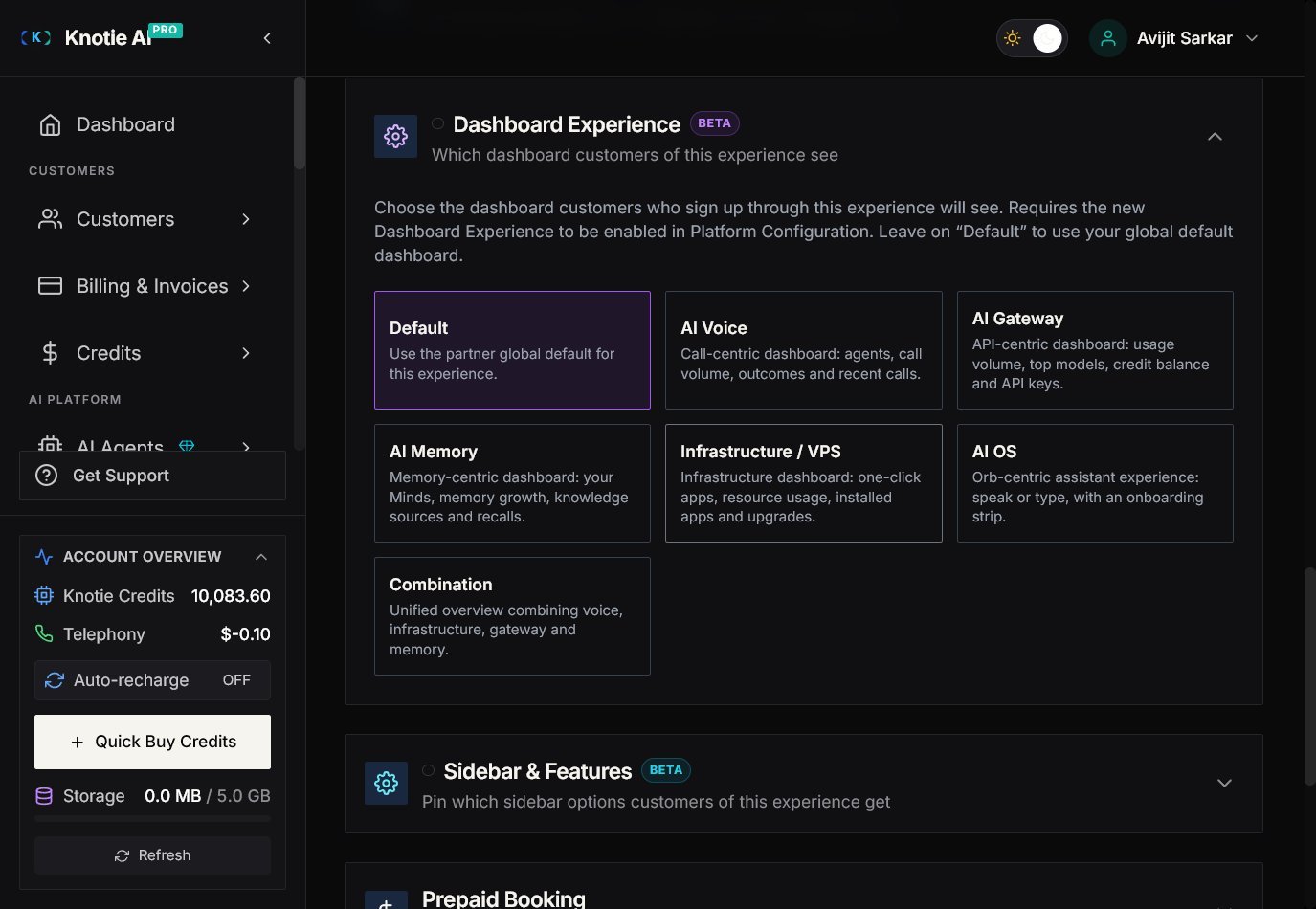 Dashboard Experience section in AI Receptionist experience settings — Beta-tagged card grid with seven selectable options: Default (selected), AI Voice, AI Gateway, AI Memory, Infrastructure / VPS, AI OS, and Combination, each with a one-line description; the related Sidebar & Features (Beta) section sits below