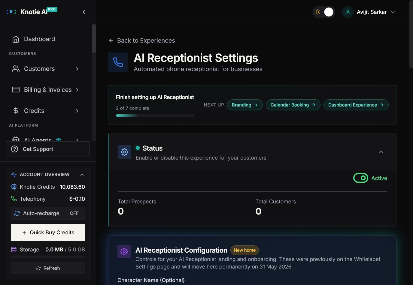 AI Receptionist Settings page header with a "Finish setting up AI Receptionist — 2 of 7 complete" progress bar and NEXT UP chips for Branding, Calendar Booking, and Dashboard Experience, above the Status section showing the experience Active with 0 prospects and 0 customers