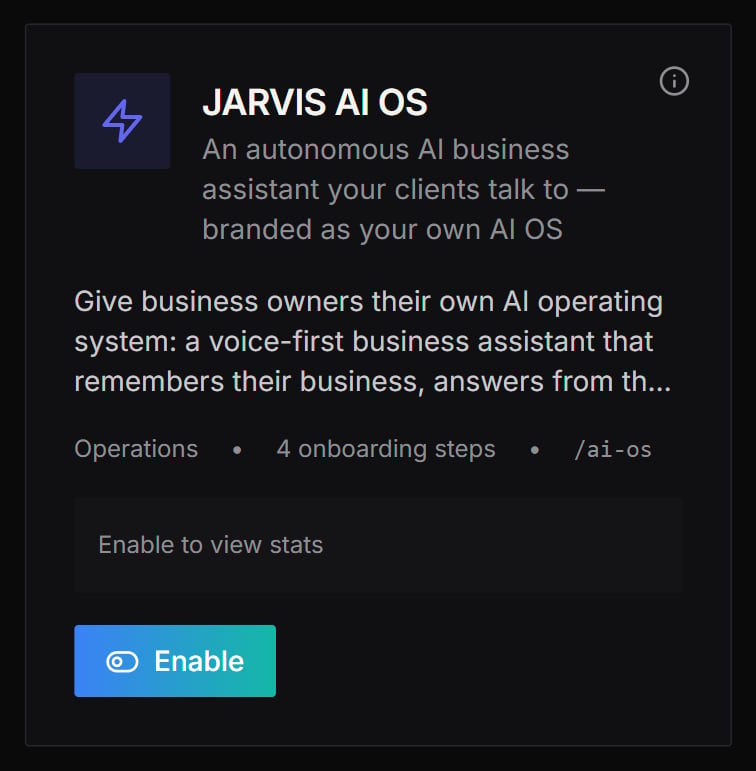 JARVIS AI OS experience card on the Experiences catalog, with its tagline and an Enable button
