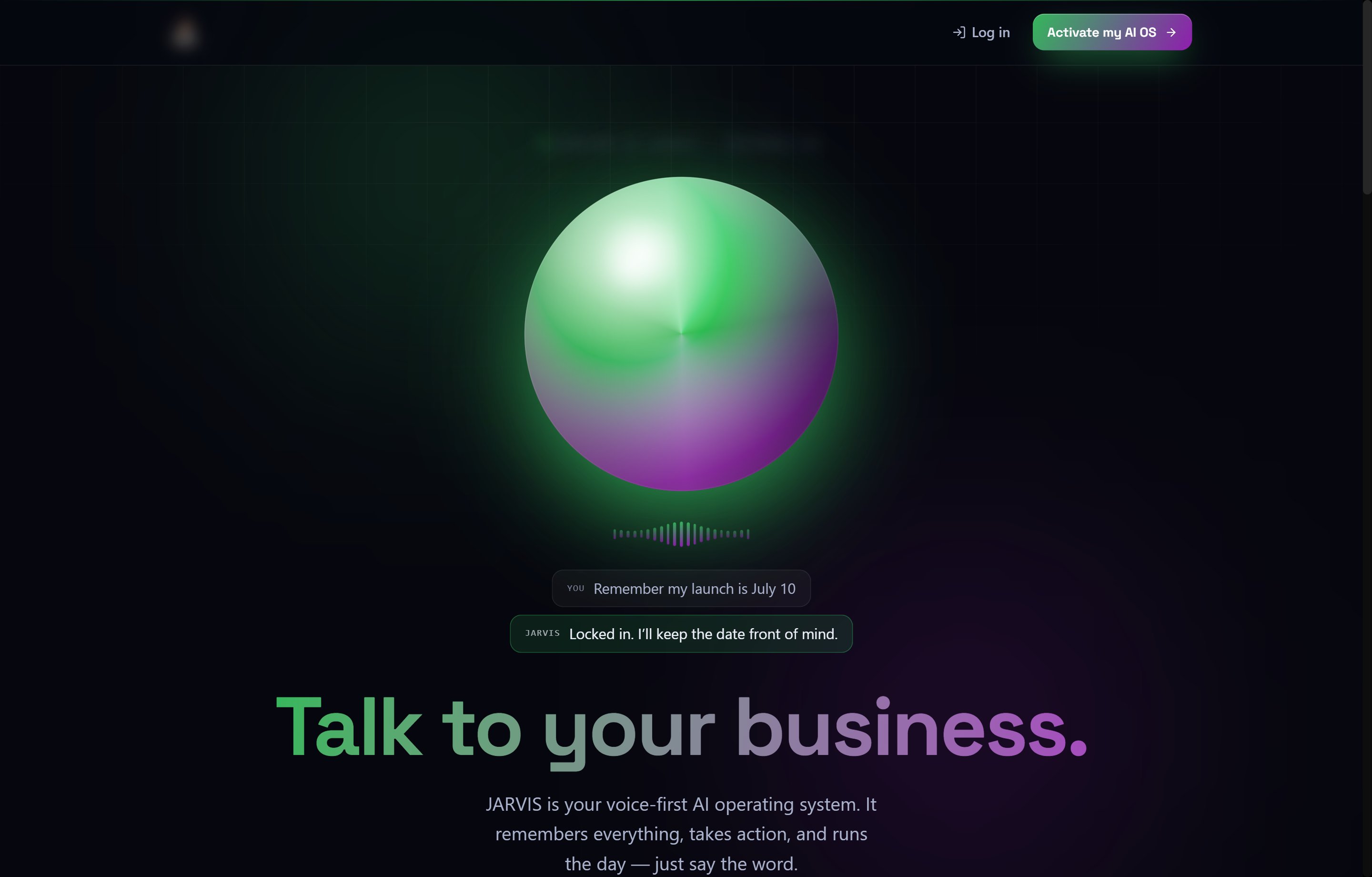 JARVIS AI OS landing page with the animated voice orb, a "Talk to your business" headline, and an "Activate my AI OS" button