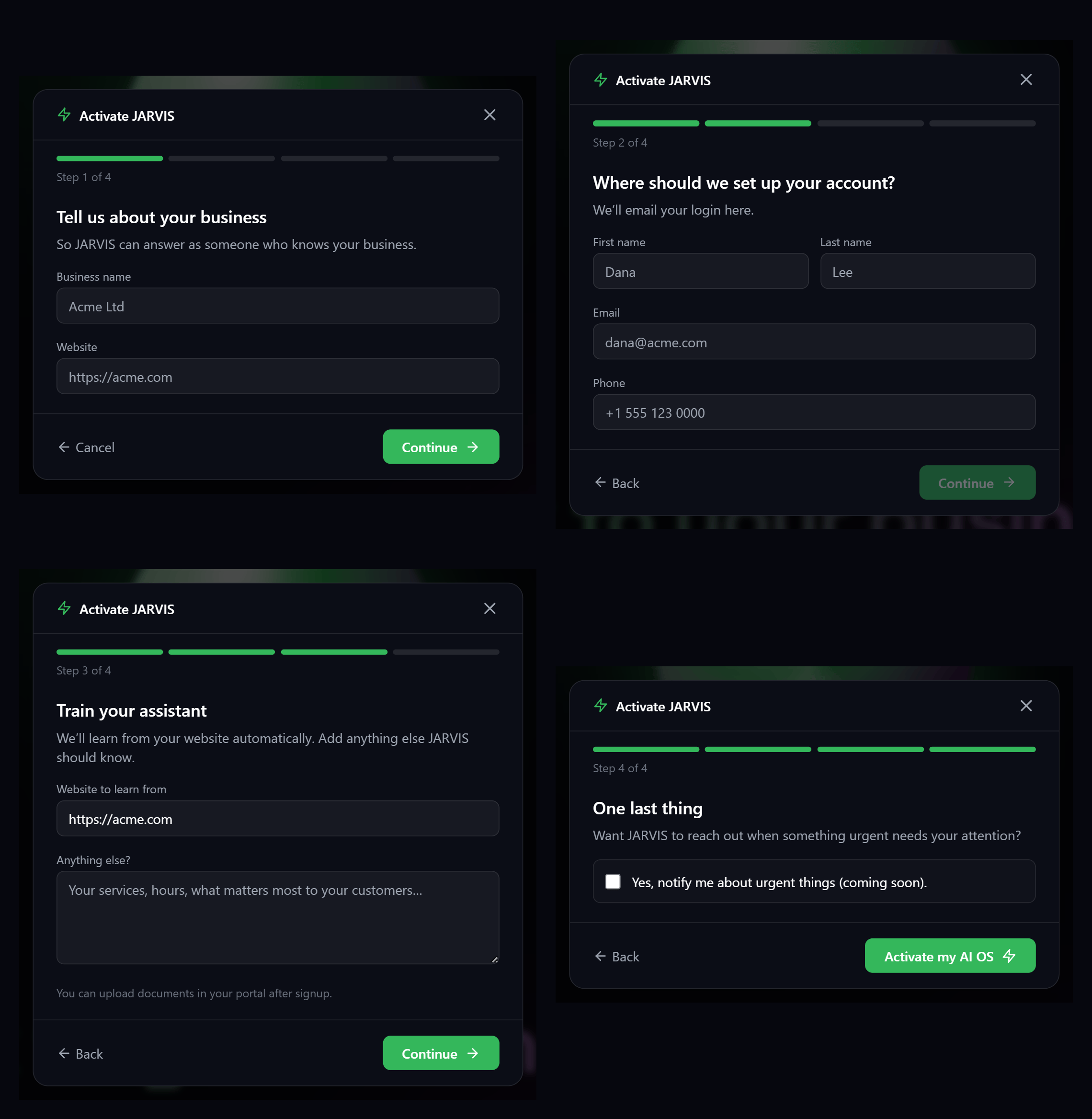 The four onboarding steps: business details, contact details, train your assistant, and an urgent-notifications opt-in, ending with the Activate my AI OS button
