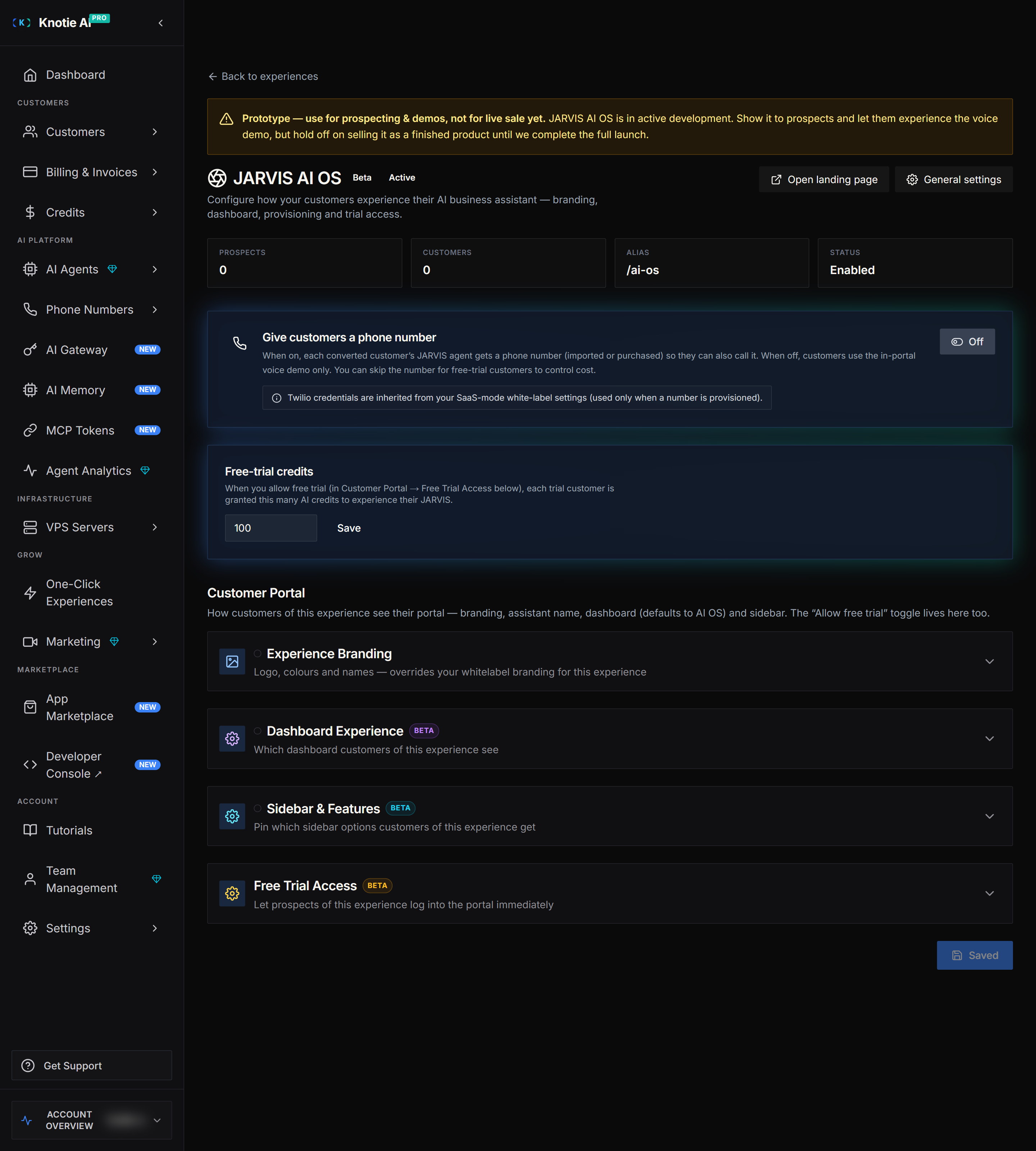 JARVIS AI OS settings page showing the Beta banner, overview stats, the phone panel, the free-trial credits panel, and the Customer Portal section