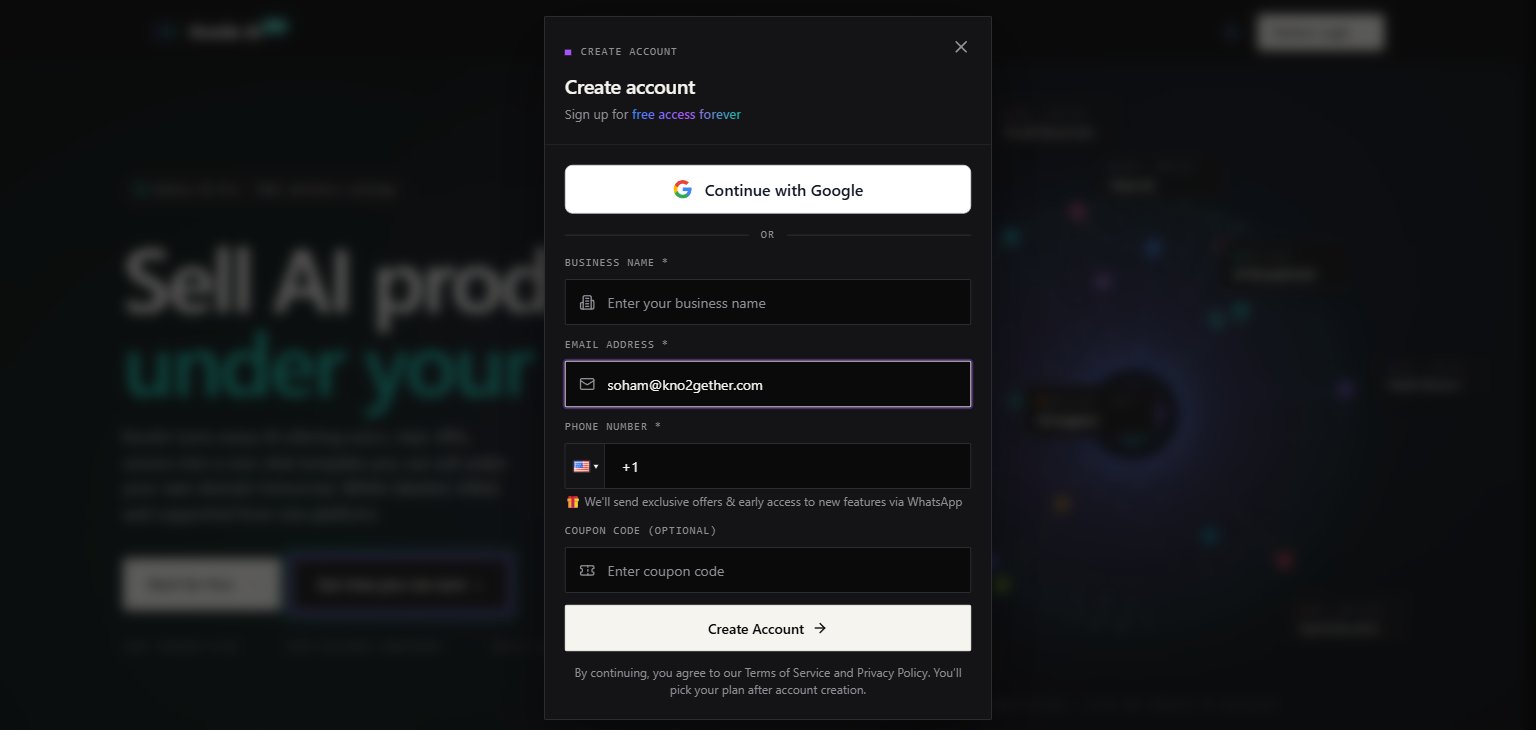 Knotie AI Pro signup modal — Email Address field populated with a typical address, Business Name and Phone Number fields above and below; Create Account button visible at the bottom.