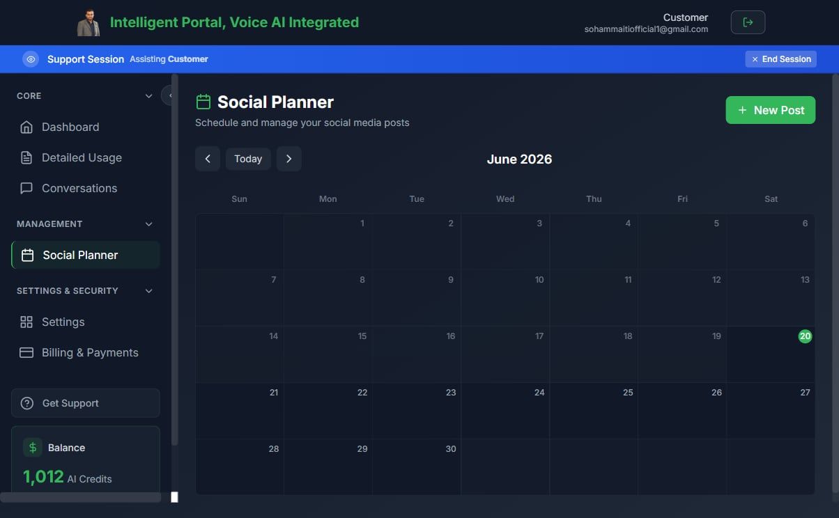 Social Planner — month calendar view in the customer whitelabel portal, with Today navigation and a New Post button in the top-right.
