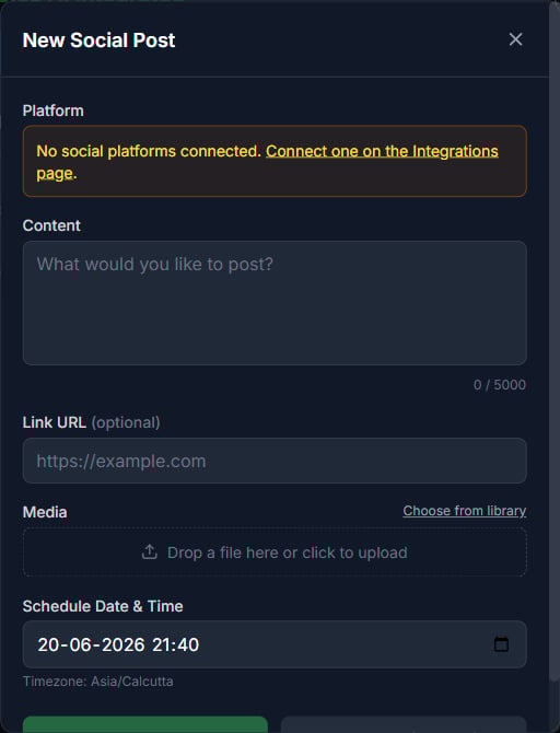 New Social Post modal — Platform picker, Content textarea (5000 char limit), optional Link URL, Media drop-zone with Choose from library link, and Schedule Date & Time picker.