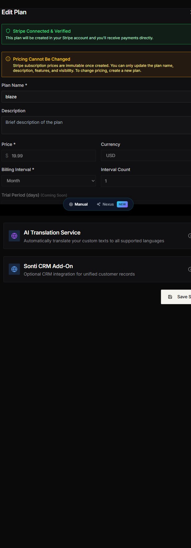 Edit Plan modal — Plan Name, Description, Price + Currency, Billing Interval (Day / Week / Month / Year), Interval Count, Trial Period (Coming Soon), Display on Customer Landing Page toggle, and add-on service tiles (AI Translation, Sonti CRM).