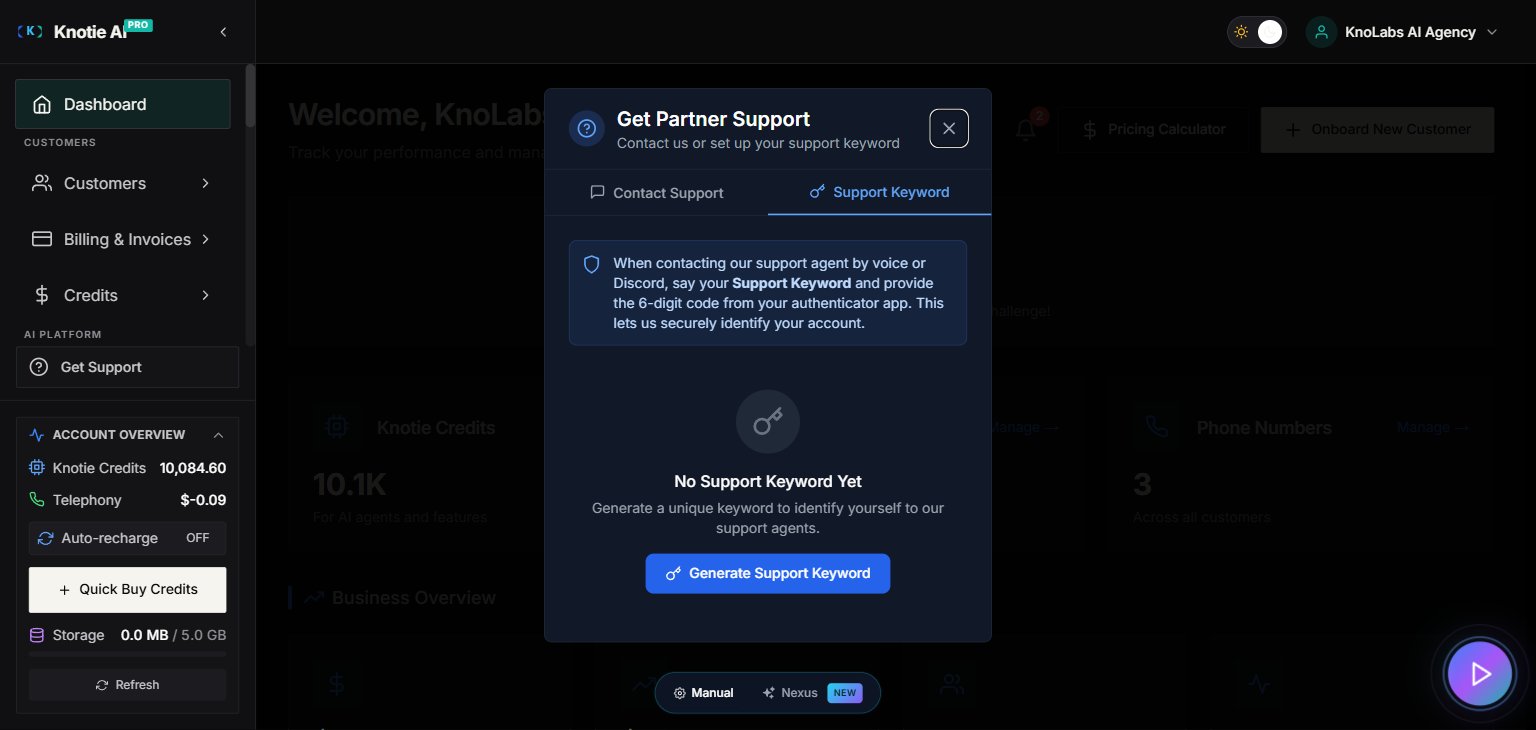 Support modal — Support Keyword tab before a keyword is generated, showing the keyword area, QR code area, and Generate Support Keyword button.