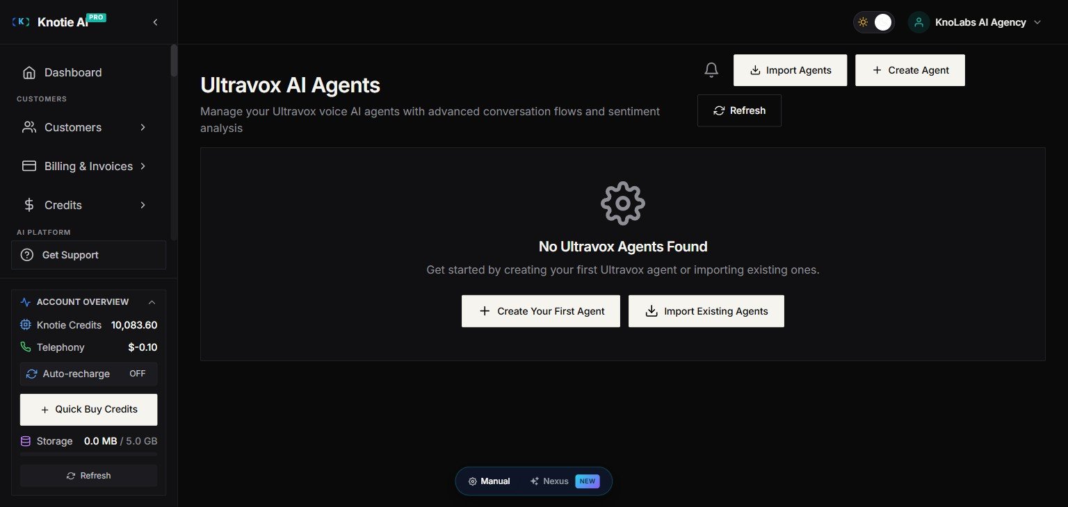 Ultravox AI Agents page showing the empty state with Create Your First Agent and Import Existing Agents buttons