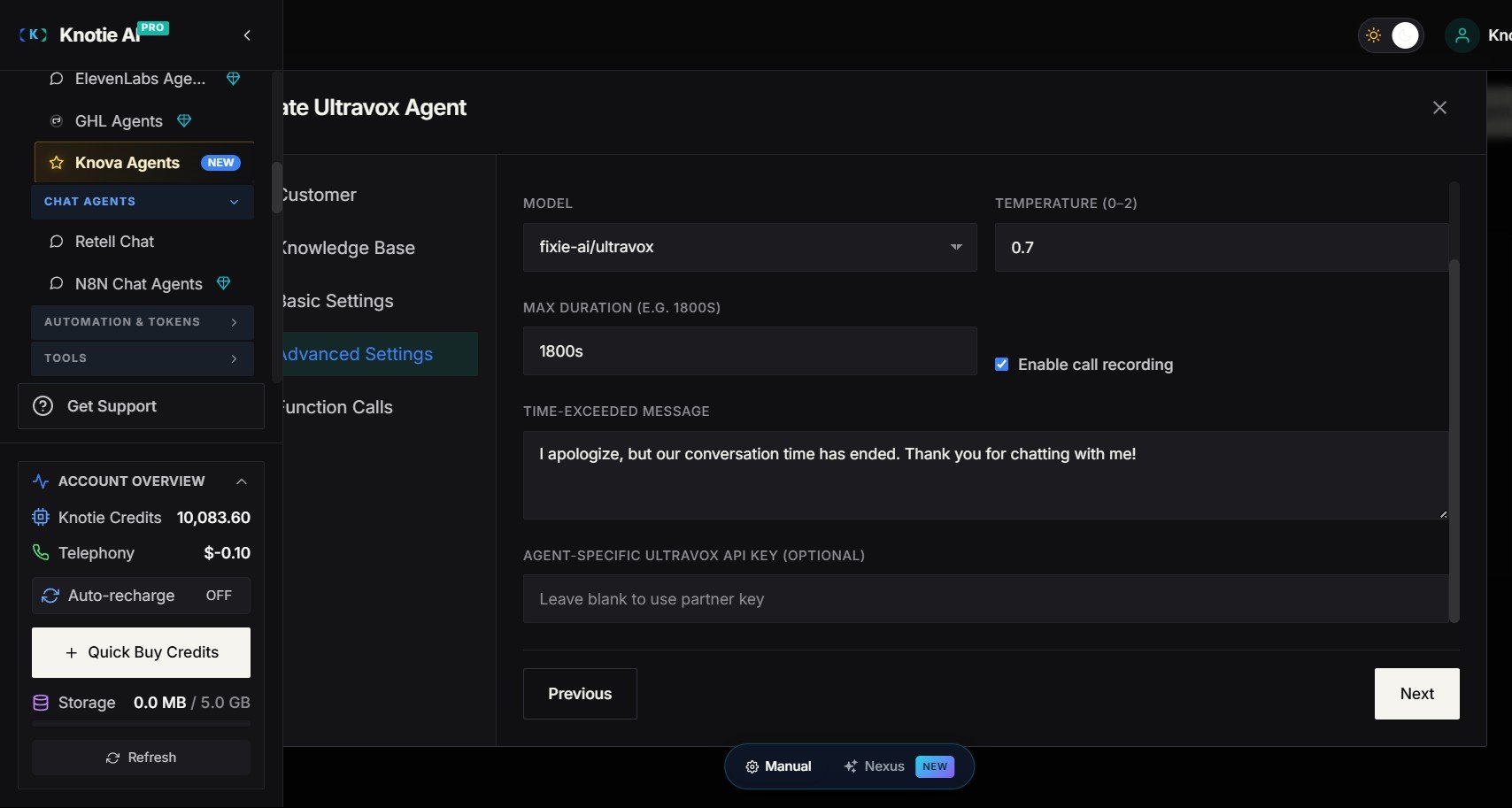 Ultravox Create Agent — Advanced Settings tab showing the Agent-specific Ultravox API Key field