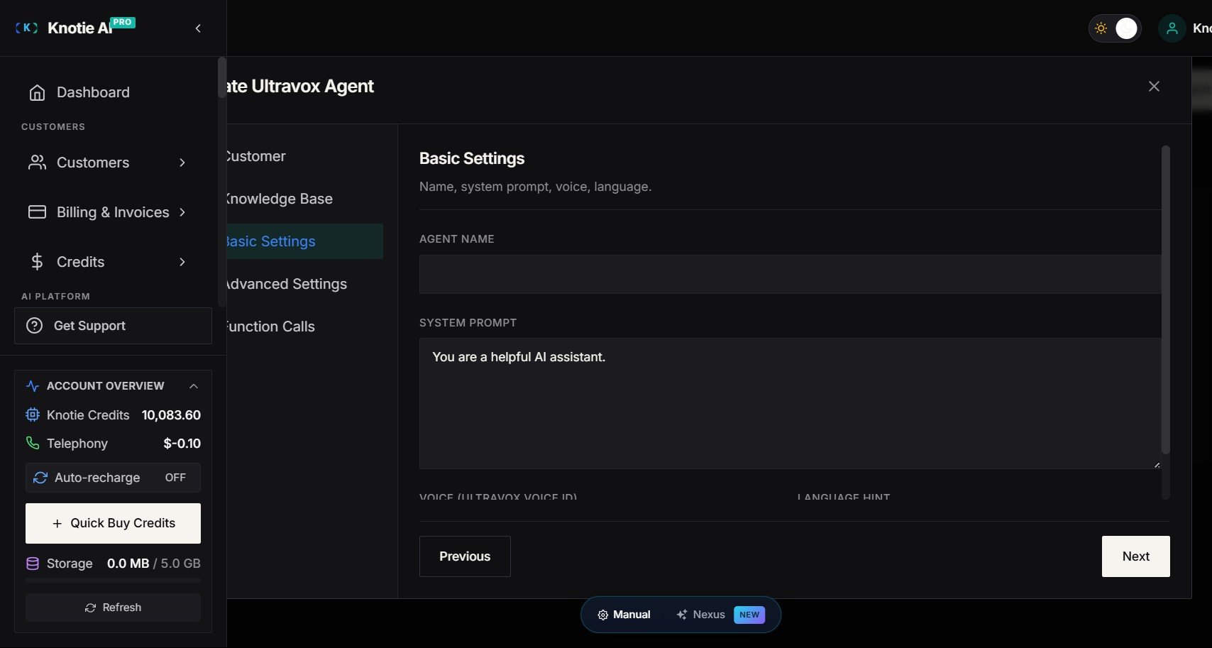 Ultravox Create Agent modal — Basic Settings tab showing Agent Name, System Prompt, Voice, and Language fields