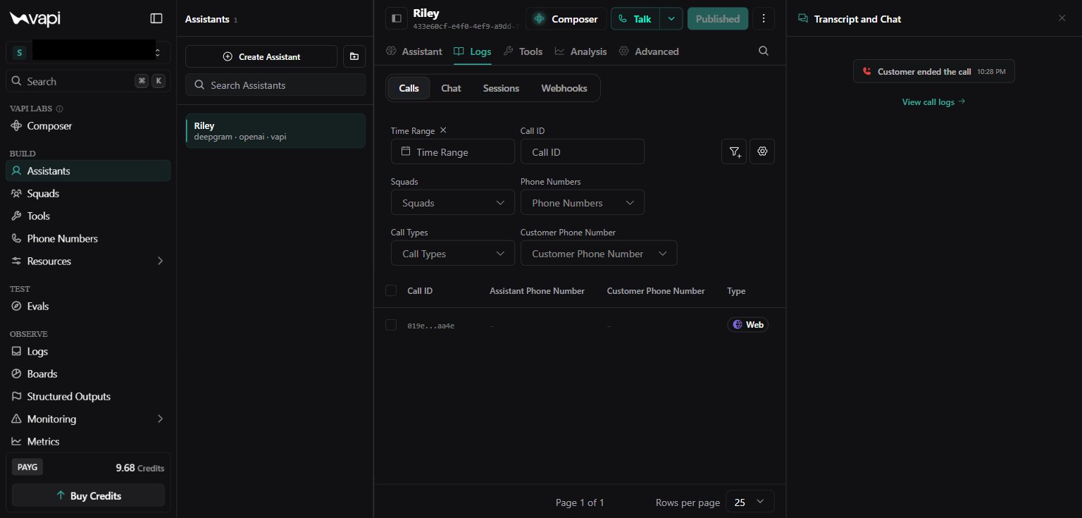 VAPI test call log entry from the Knotie partner portal — a failed test call is shown for reference