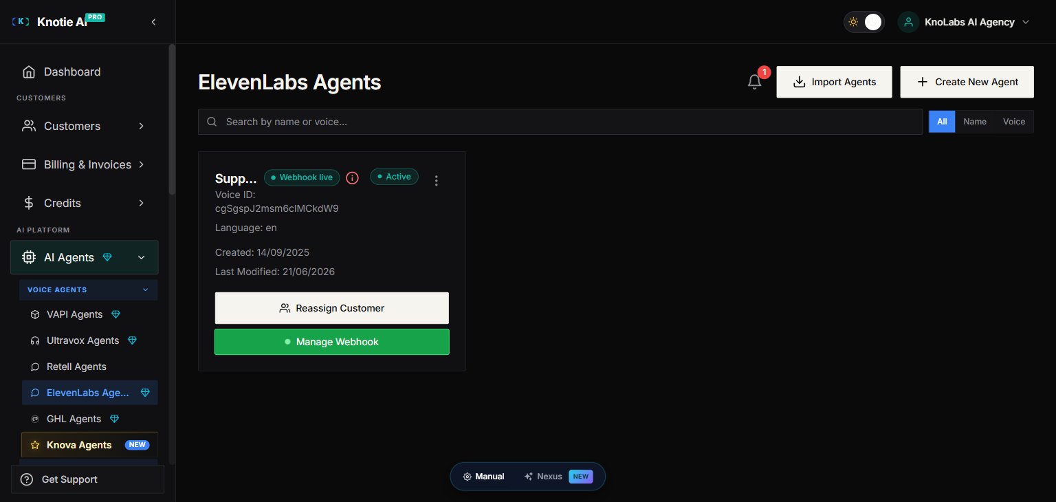 ElevenLabs Agents page showing the agent list with Import Agents and Create New Agent buttons
