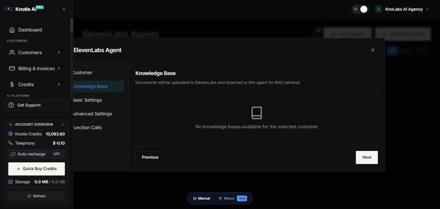 ElevenLabs Agent — Knowledge Base tab showing available knowledge bases for the selected customer