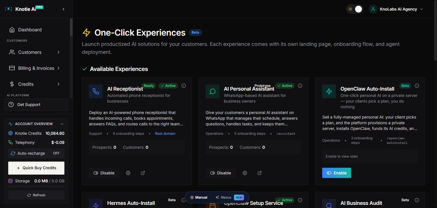 One-Click Experiences page — Available Experiences grid with AI Receptionist, AI Personal Assistant, OpenClaw Auto-Install (Enable toggle highlighted), Hermes Auto-Install, and AI Business Audit cards.