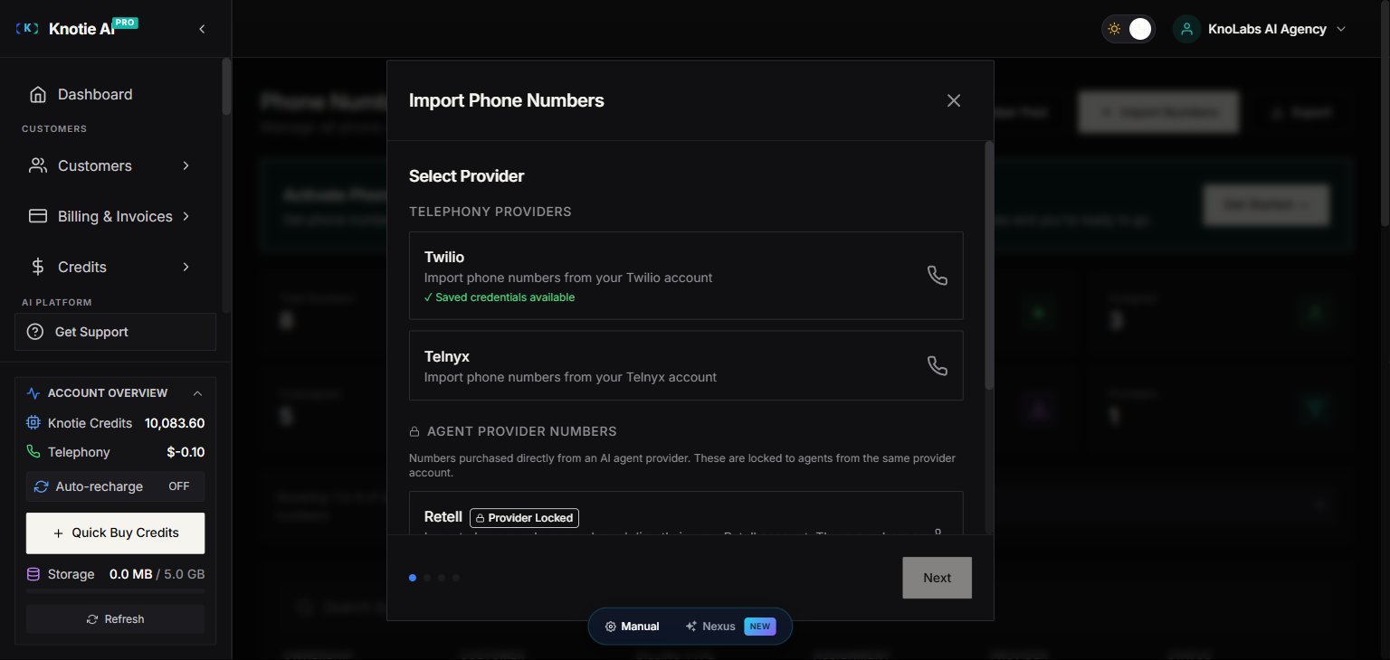 Import Phone Numbers modal on step 1 of 4 — provider selection cards for Twilio, Telnyx, Retell, and a locked ElevenLabs (Coming Soon), with a disabled Next button