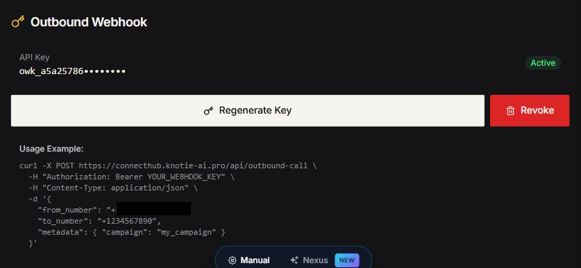Outbound Webhook section in the phone number detail panel — masked owk_ API key with Active badge, Regenerate Key and Revoke buttons, and a curl usage example