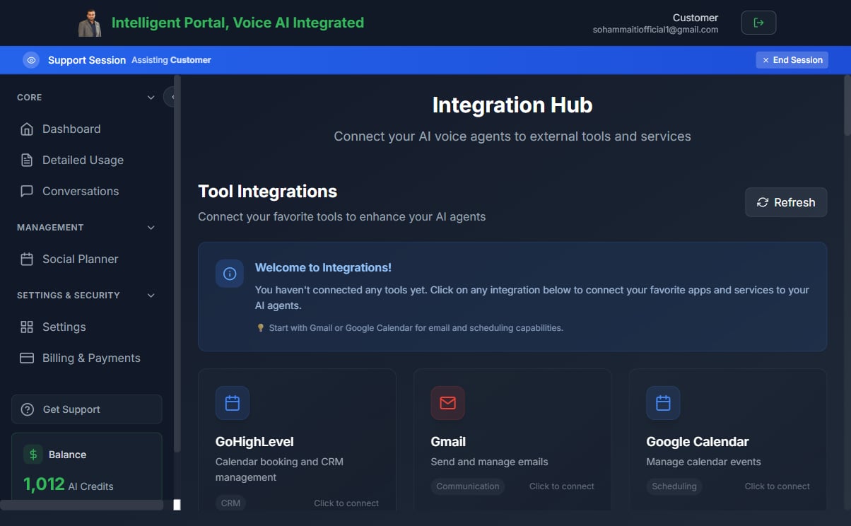 Integration Hub — Tool Integrations grid showing the apps available to connect to the customer's AI agents, with category labels (CRM, Communication, Scheduling, etc.) and a Click to connect CTA on each card.