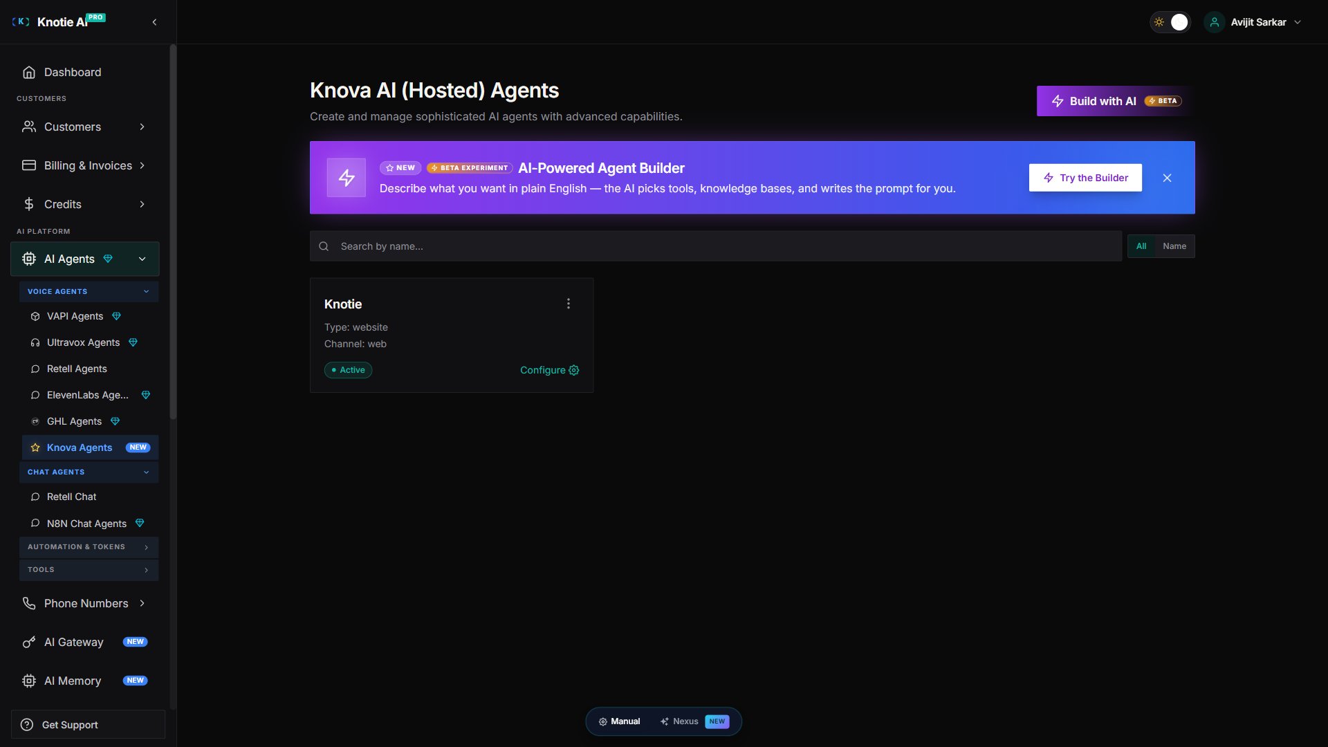 Knova AI (Hosted) Agents list page — shows the AI-Powered Agent Builder banner with 'Try the Builder' CTA, a search box, and one agent card (Knotie, type website, channel web, Active) with a three-dot menu (⋮) at the end. Try Agent is reached from the three-dot menu, not a row-level button.