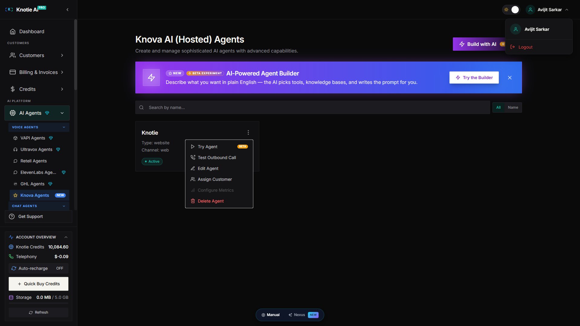 Knova agent row three-dot menu — Try Agent (BETA), Test Outbound Call, Edit Agent, Assign Customer, Configure Metrics, Delete Agent. The Assign Customer option opens a modal with a customer dropdown and a Profit Multiplier field.