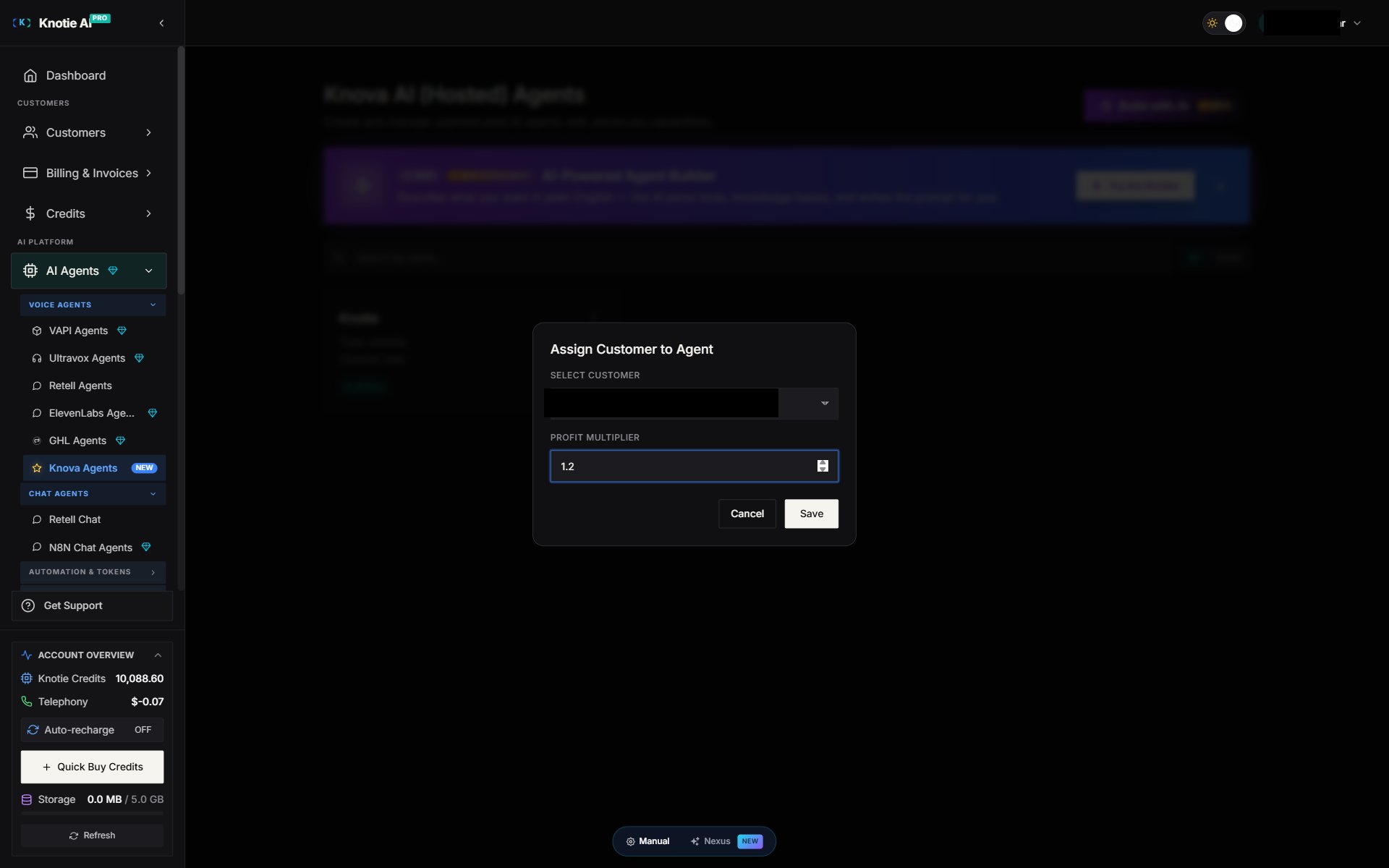 Assign Customer to Agent modal with profit multiplier field