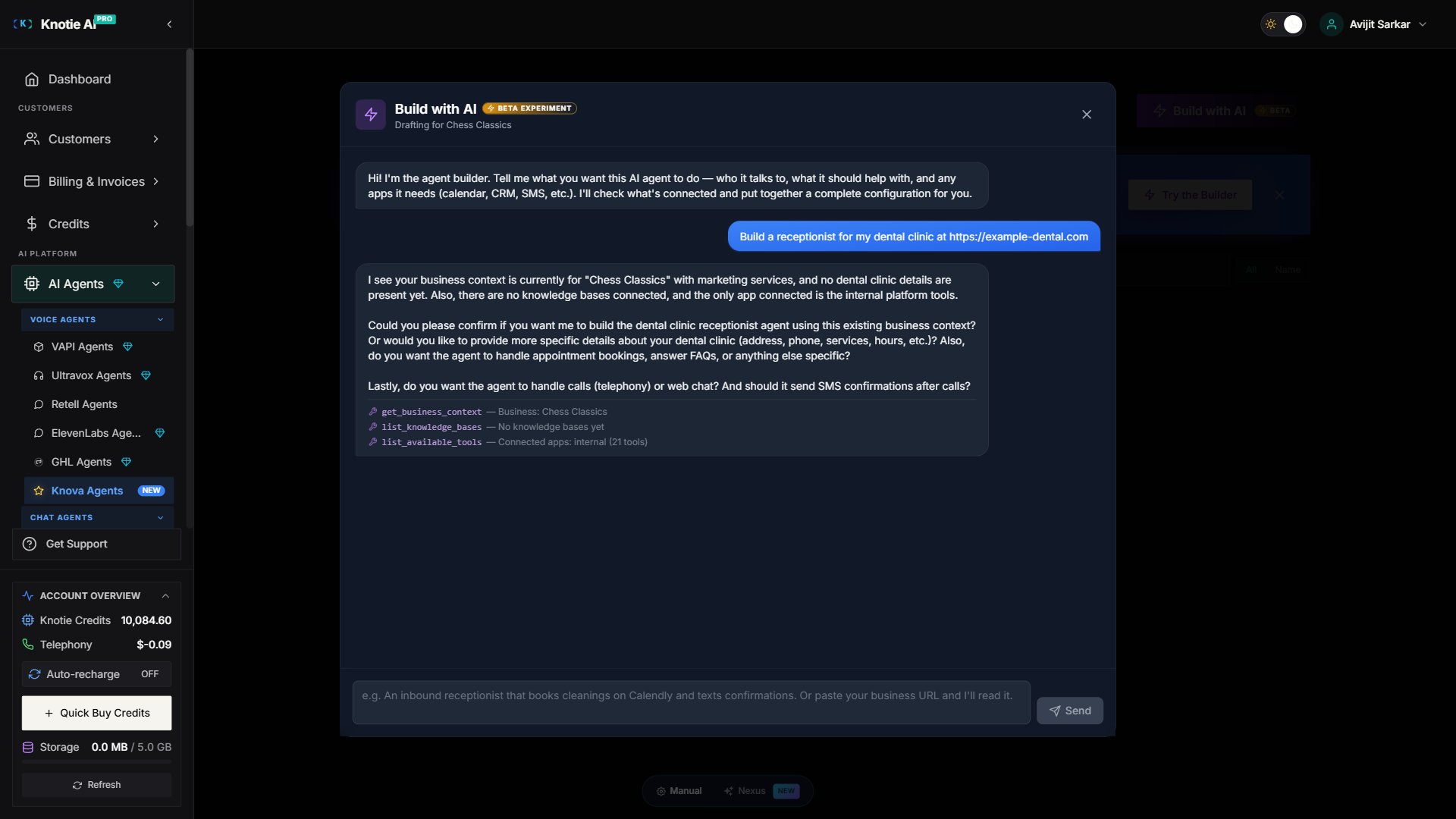 Knova AI Agent Builder Chat — Build with AI (BETA EXPERIMENT) modal showing the welcome message, the user's typed request, and the AI's streamed response with phase labels (Reading your request / Reading your business profile / Drafting the agent). The proposal panel renders on the right once the AI finishes drafting.