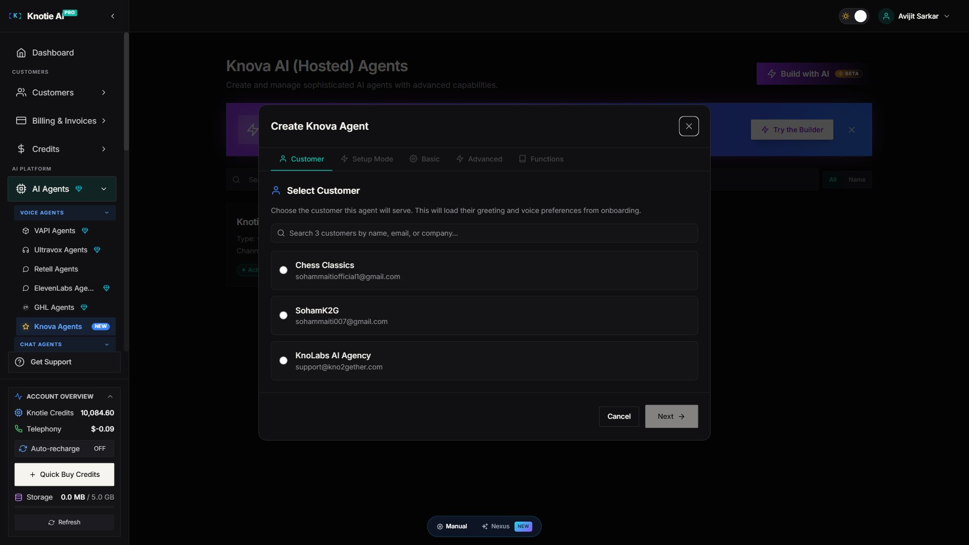Knova Create Agent modal — 5-tab sequential flow: Customer (active), Setup Mode, Basic, Advanced, Functions. The Customer tab is the first step and shows the 3 available customers with names + emails.
