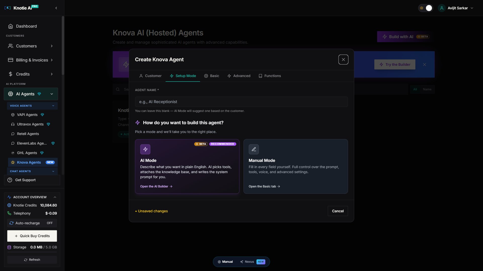 Knova Create Agent modal — Tab 2 (Setup Mode) with two large cards: AI Mode (BETA RECOMMENDED) and Manual Mode. The AI Mode card explains that AI picks tools, attaches the knowledge base, and writes the system prompt. The Manual Mode card explains full control over prompt, tools, and personas.