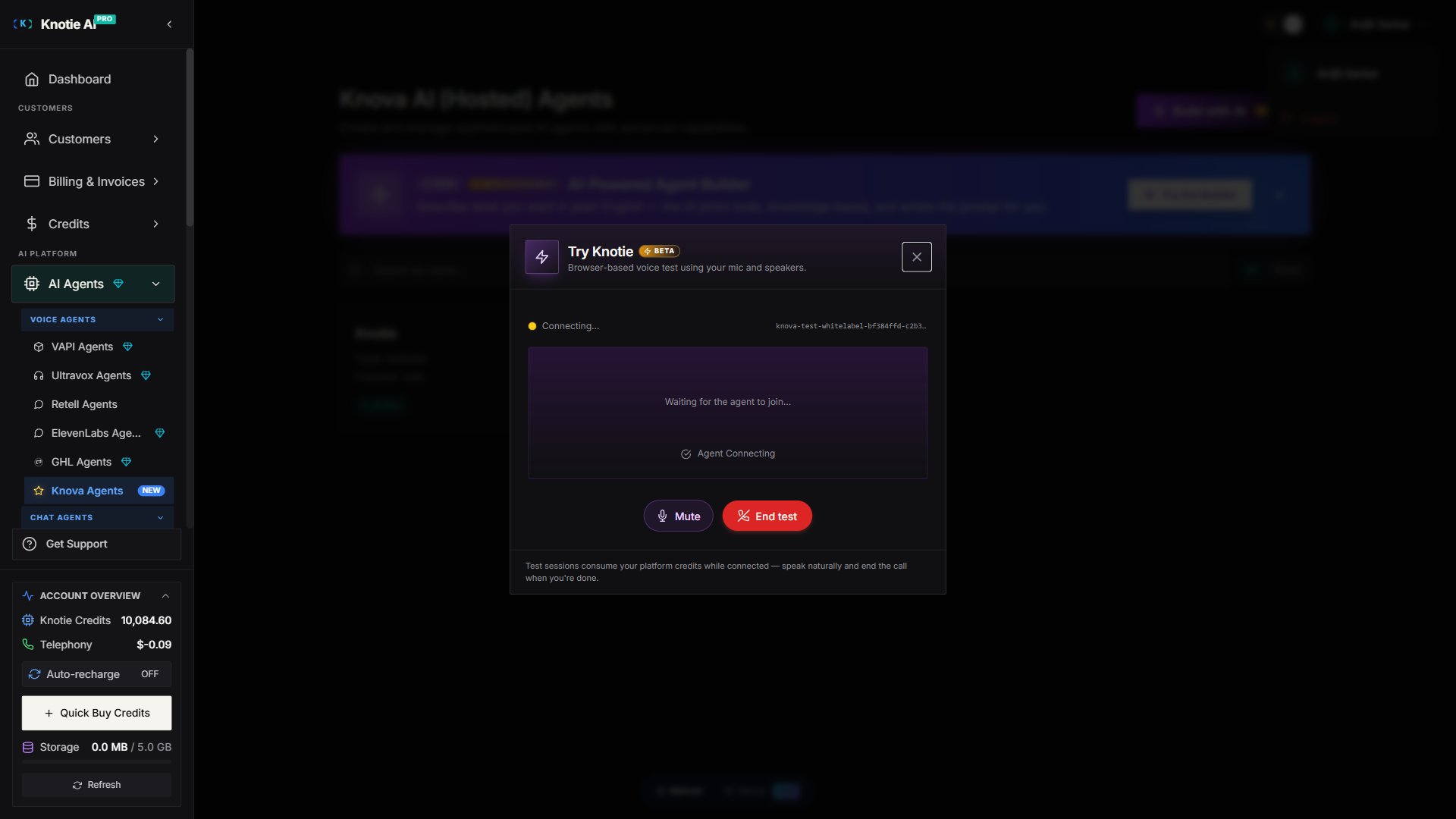 Try Knotie (BETA) modal in loading/connecting state — purple agent icon, 'Browser-based voice test using your mic and speakers' subtitle, yellow 'Connecting…' status, 'Waiting for the agent to join…', 'Agent Connecting' label, and Mute + End test buttons (disabled while connecting).