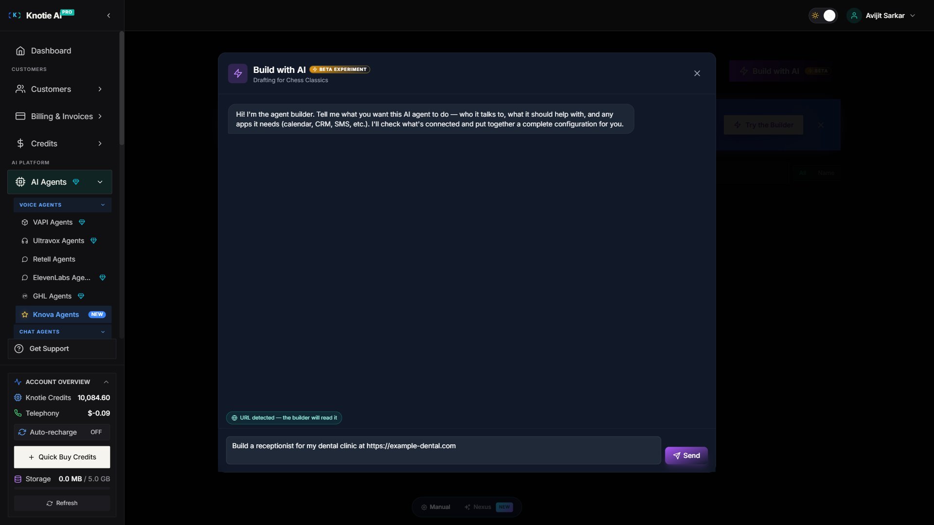Knova Agent Builder Chat input — the teal 'URL detected — the builder will read it' badge appears above the text area as soon as a URL is typed into the message composer. Informational only; the builder auto-fetches the page as part of its reasoning.